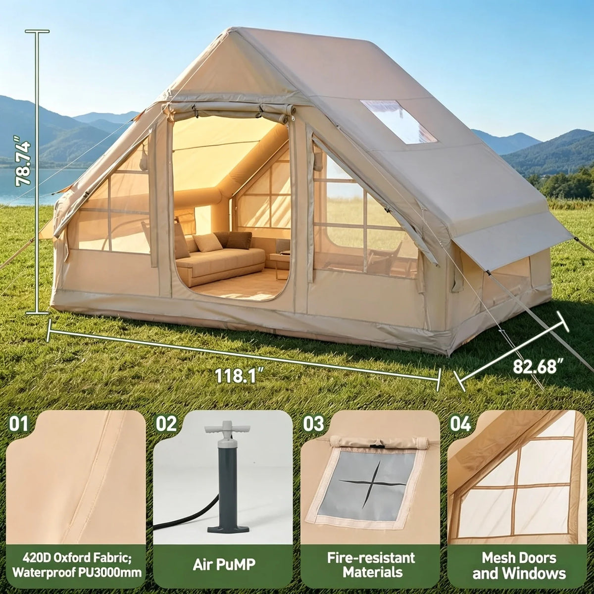 AOXUN Inflatable Camping Tent With Skylight And Stove Jack