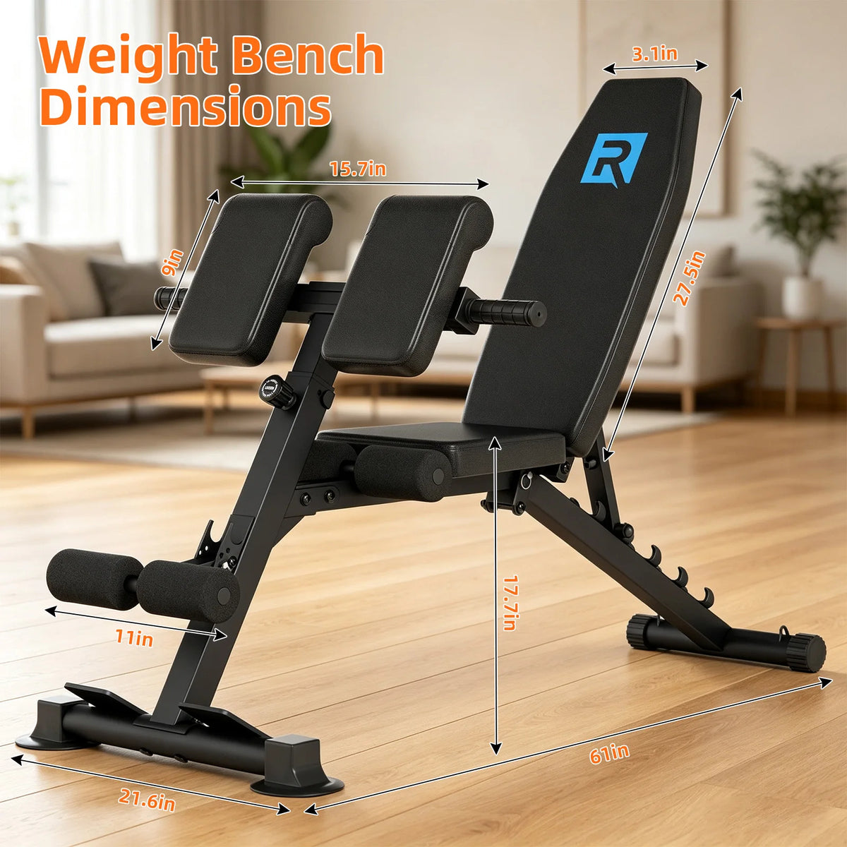 Multi-Functional Adjustable Weight Bench 10 Seat Positions 6 Backrest Angles 5mm Thick Steel Triangle Structure 660LBS Capacity with 2 Resistance Bands Suction Cup Non-Slip Base Home Gym Dumbbell Bench for Full Body Workout