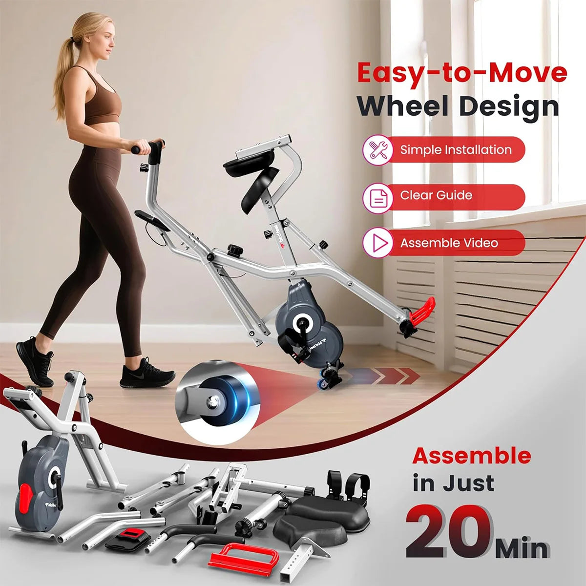 Pooboo Foldable Magnetic Exercise Bike With Arm Resistance Bands