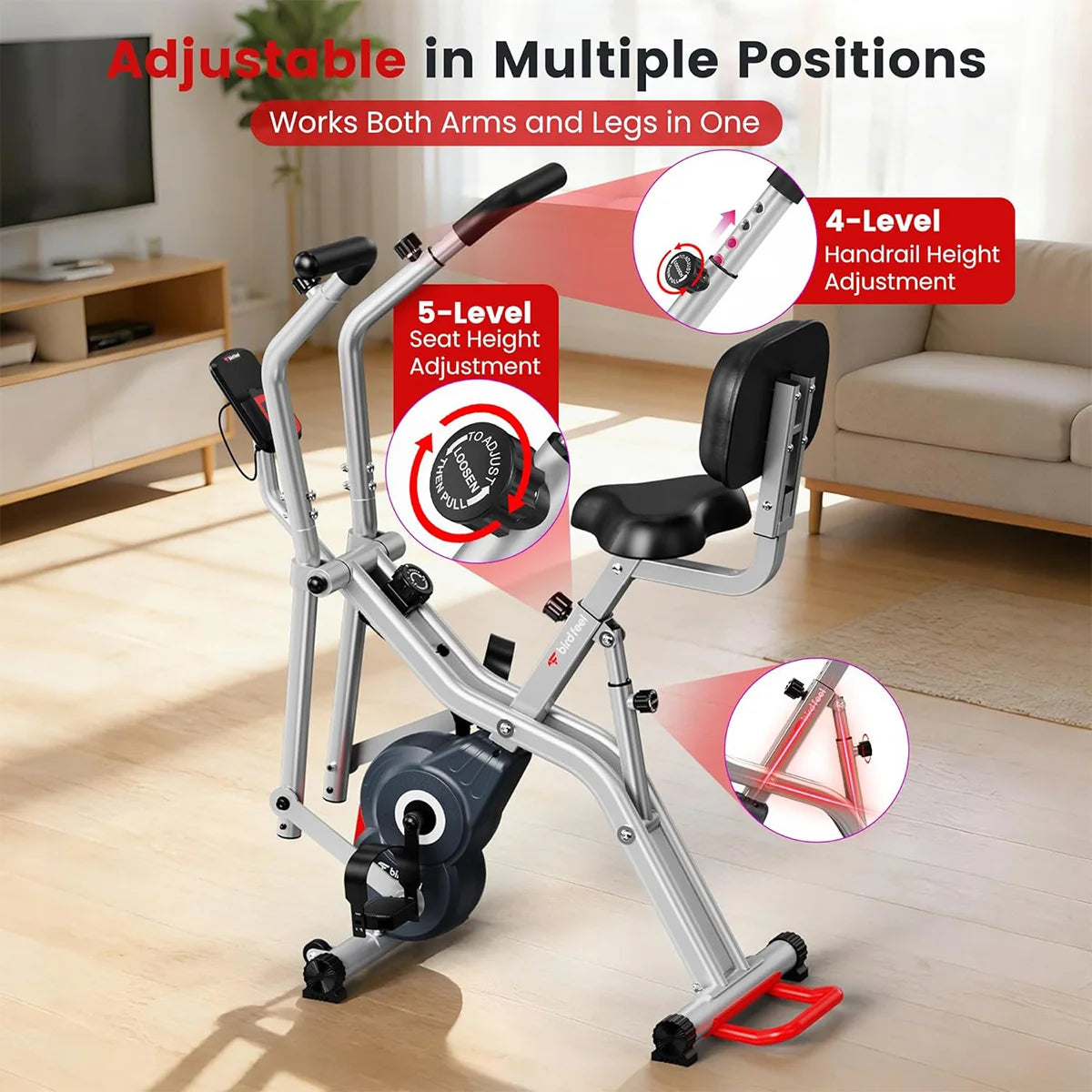 Pooboo Foldable Magnetic Exercise Bike With Arm Resistance Bands