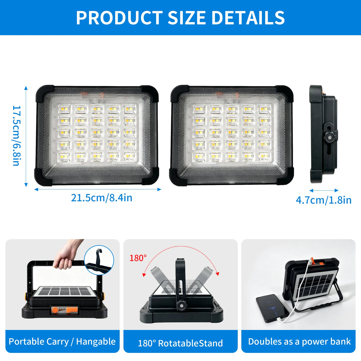 Morglad Portable Solar LED Floodlight Rechargeable Emergency Camping Searchlight