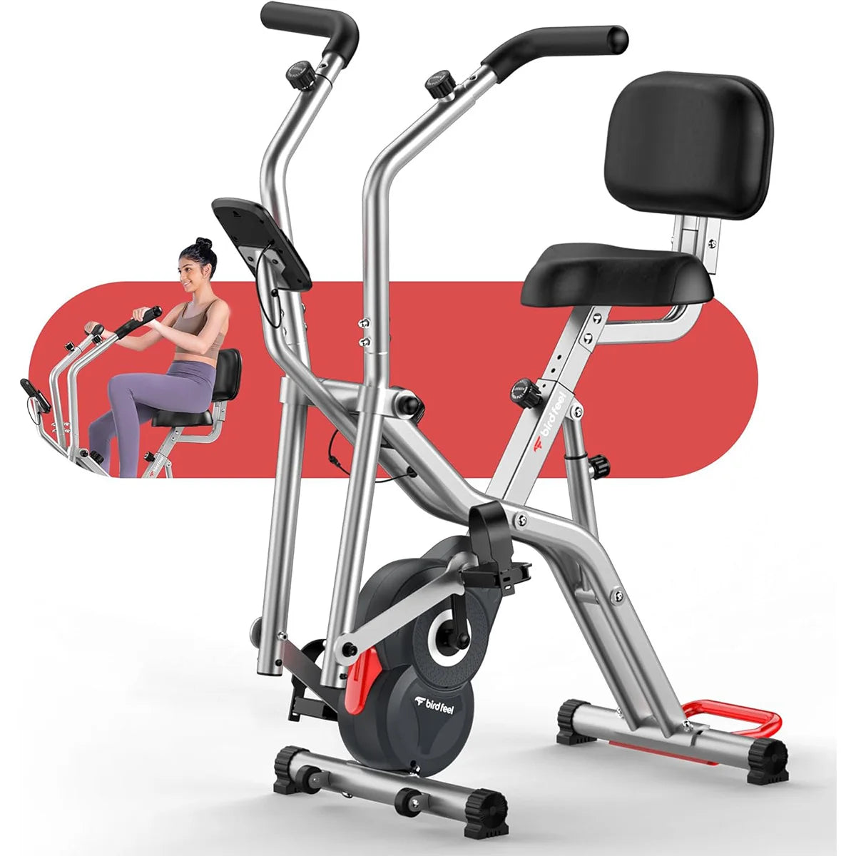 Pooboo Foldable Magnetic Exercise Bike With Arm Resistance Bands