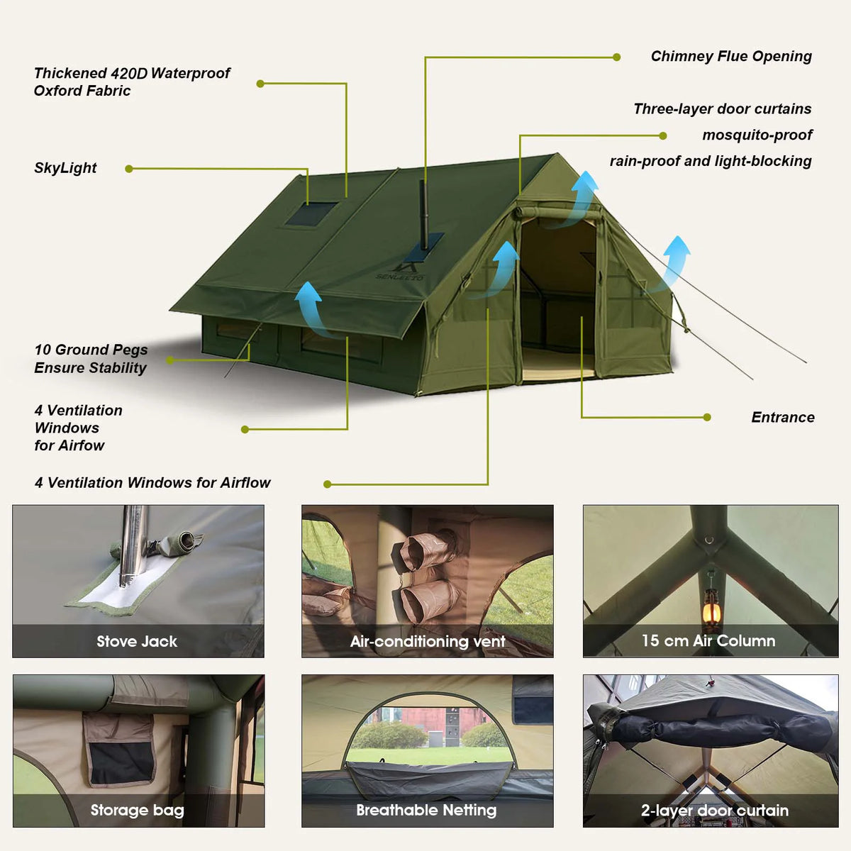 SENLEETO Inflatable Glamping Tent With Stove Jack For Camping