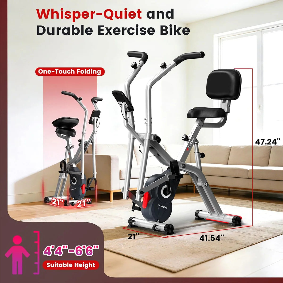 Pooboo Foldable Magnetic Exercise Bike With Arm Resistance Bands