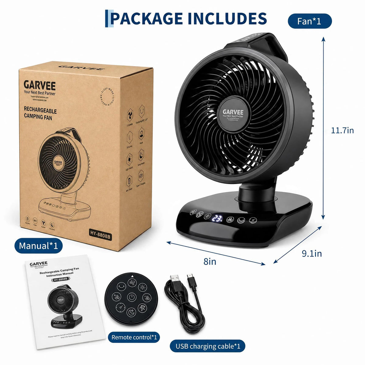 HiMISS Portable Camping Fan With Remote Timer And LED Light