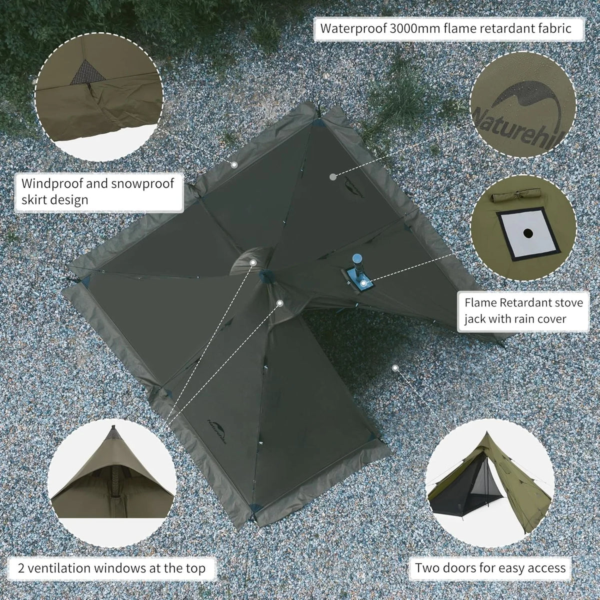 Naturehike Chimney Window Teepee Camping Tent With Flame Retardant Fabric