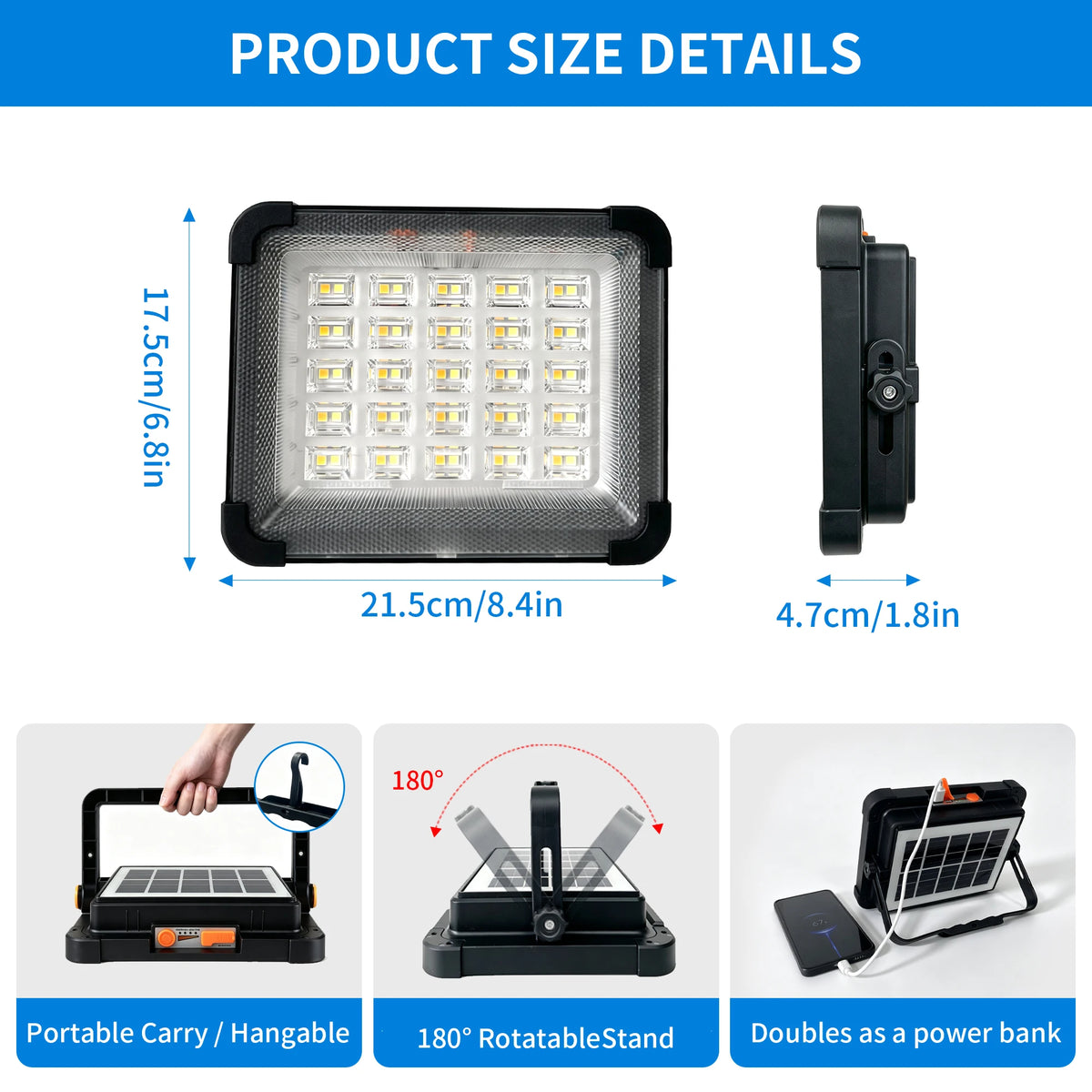 Morglad Portable Solar LED Floodlight Rechargeable Emergency Camping Searchlight