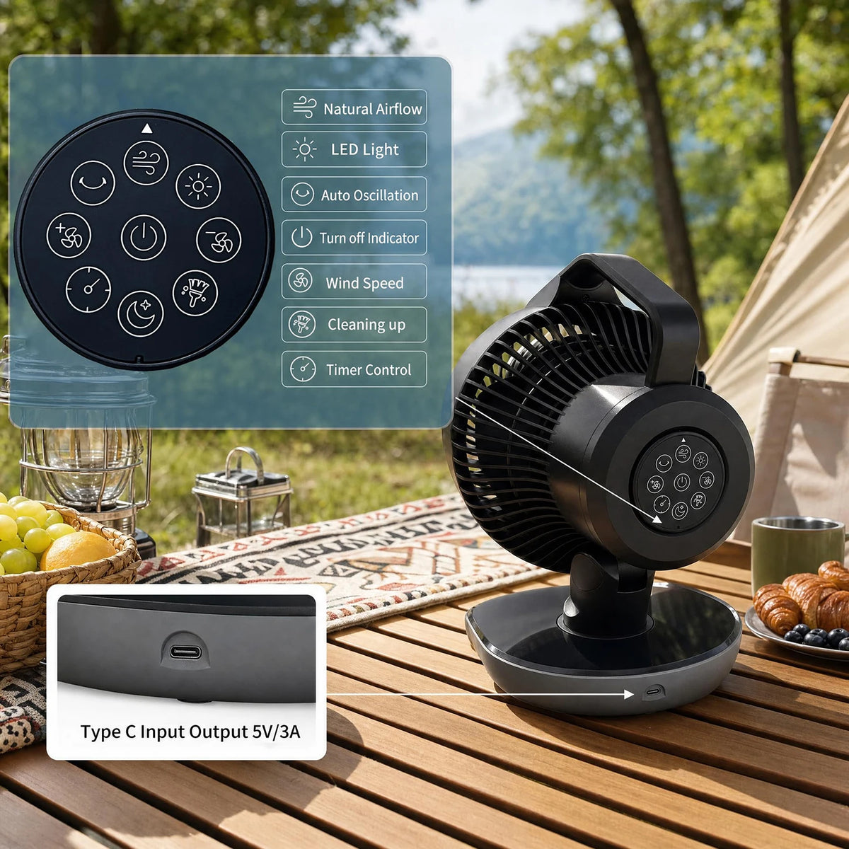 HiMISS Portable Camping Fan With Remote Timer And LED Light