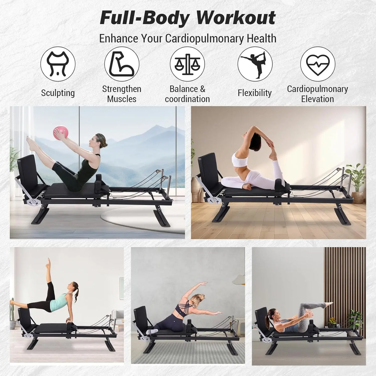 HiMISS Foldable Pilates Reformer Machine With Adjustable Heights