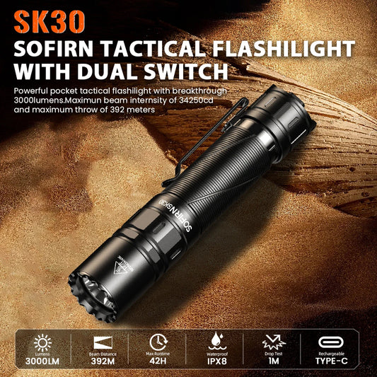 Sofirn SK30 Tactical Rechargeable LED Flashlight With Dual Switch