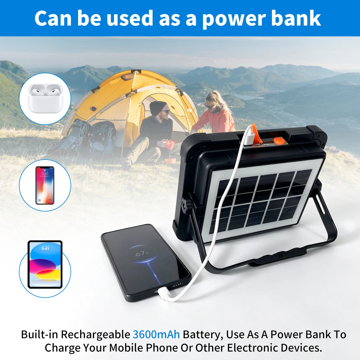 Morglad Portable Solar LED Floodlight Rechargeable Emergency Camping Searchlight