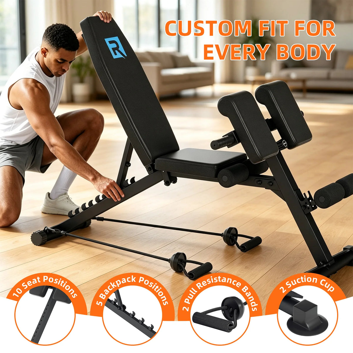 Multi-Functional Adjustable Weight Bench 10 Seat Positions 6 Backrest Angles 5mm Thick Steel Triangle Structure 660LBS Capacity with 2 Resistance Bands Suction Cup Non-Slip Base Home Gym Dumbbell Bench for Full Body Workout