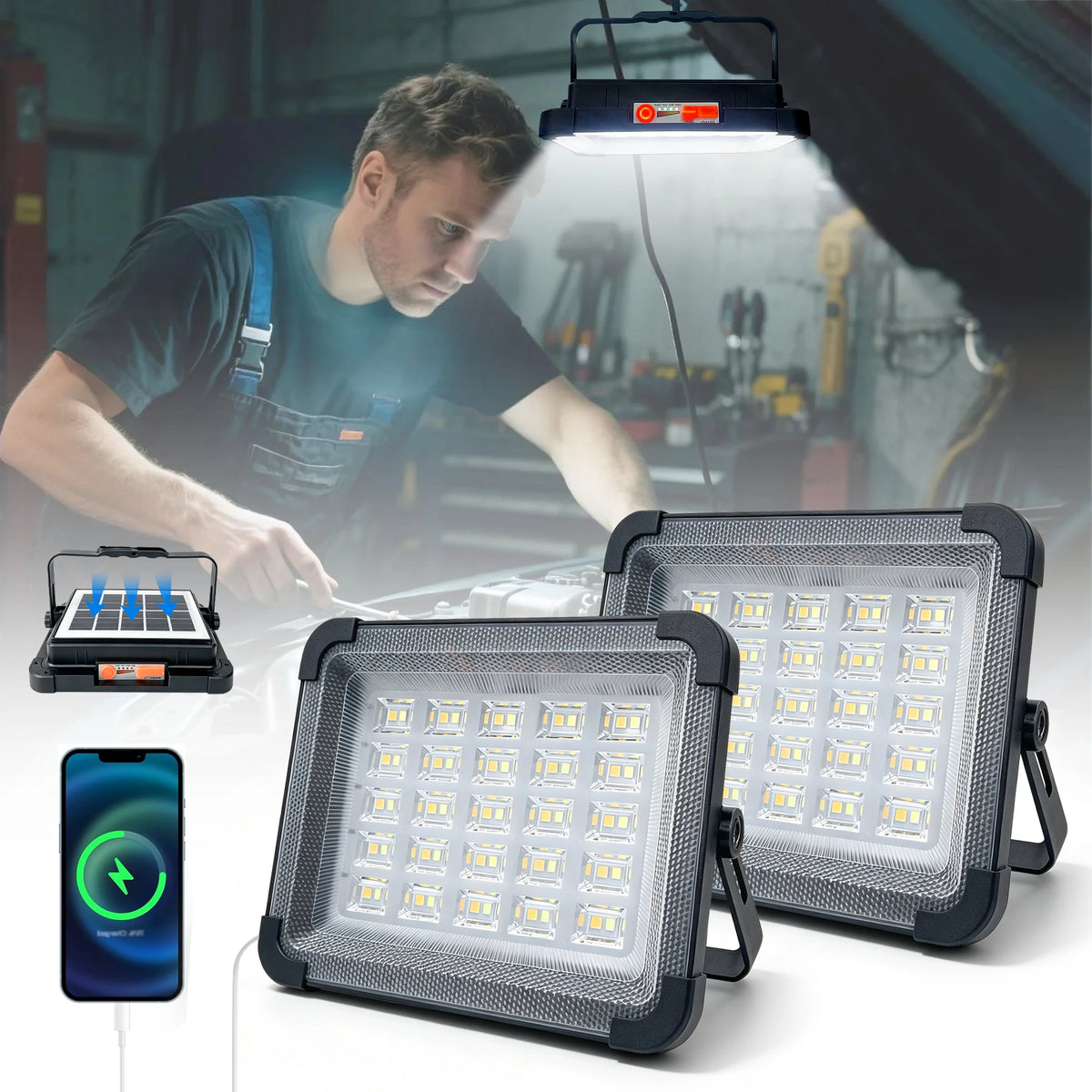 Morglad Portable Solar LED Floodlight Rechargeable Emergency Camping Searchlight