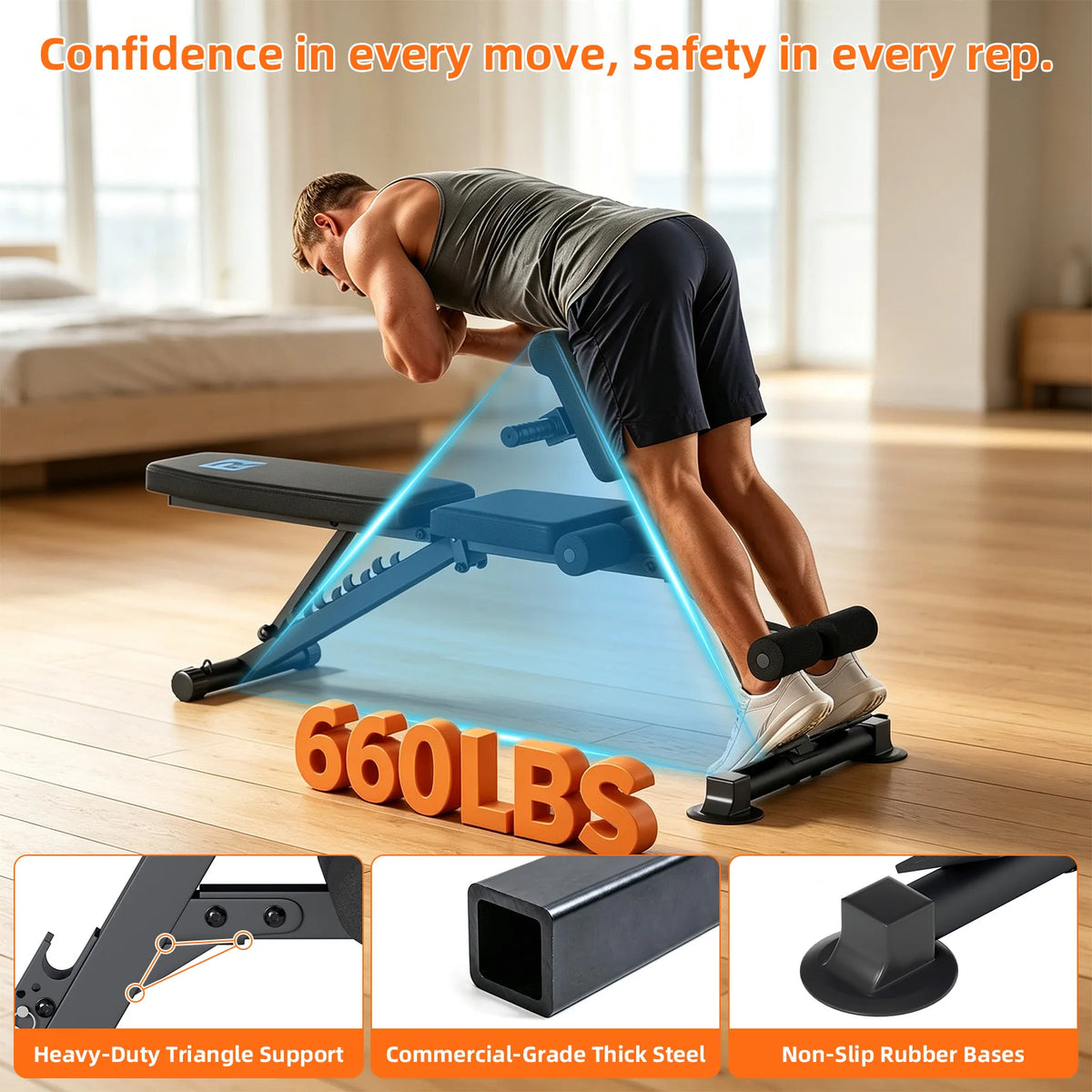 Multi-Functional Adjustable Weight Bench 10 Seat Positions 6 Backrest Angles 5mm Thick Steel Triangle Structure 660LBS Capacity with 2 Resistance Bands Suction Cup Non-Slip Base Home Gym Dumbbell Bench for Full Body Workout