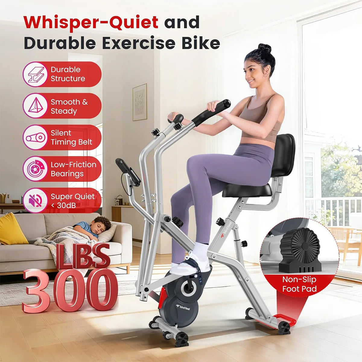 Pooboo Foldable Magnetic Exercise Bike With Arm Resistance Bands