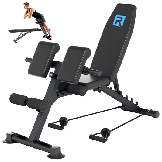 Multi-Functional Adjustable Weight Bench 10 Seat Positions 6 Backrest Angles 5mm Thick Steel Triangle Structure 660LBS Capacity with 2 Resistance Bands Suction Cup Non-Slip Base Home Gym Dumbbell Bench for Full Body Workout