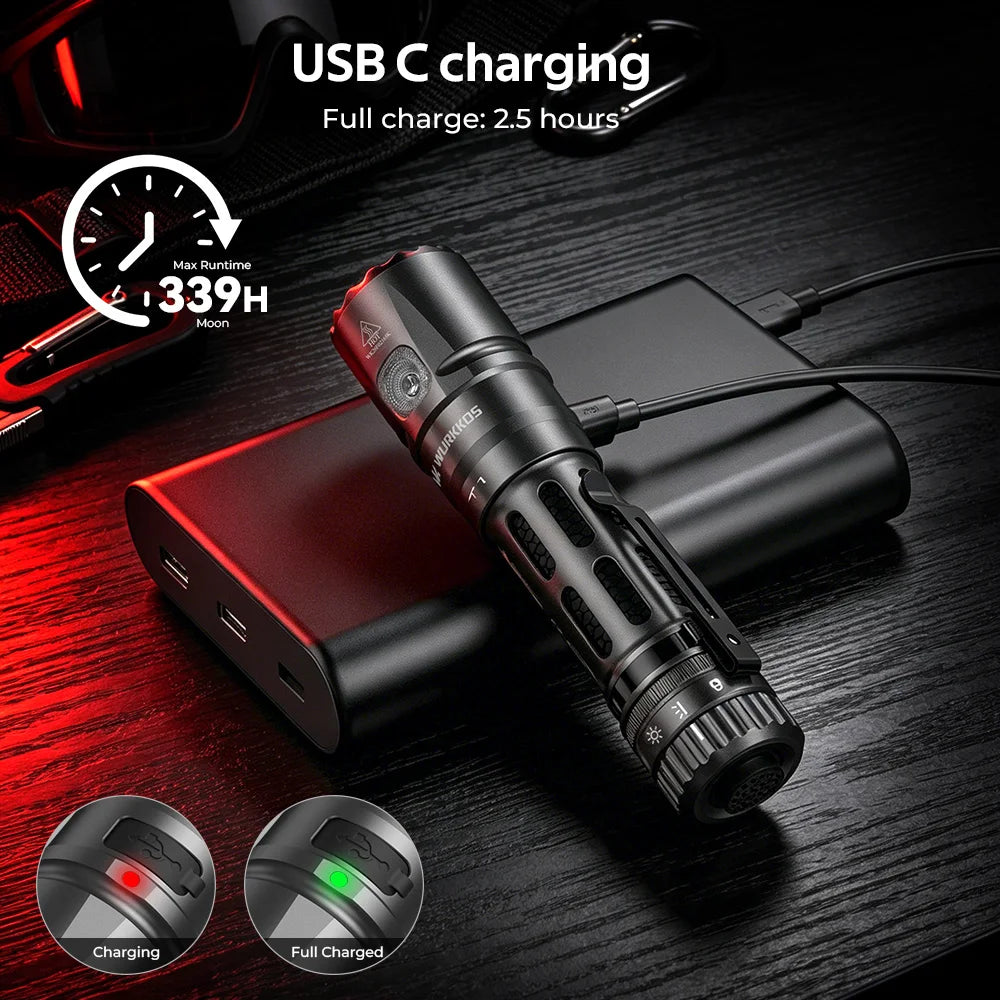 Wurkkos T1 Tactical Waterproof USB Rechargeable Multi Mode LED Flashlight